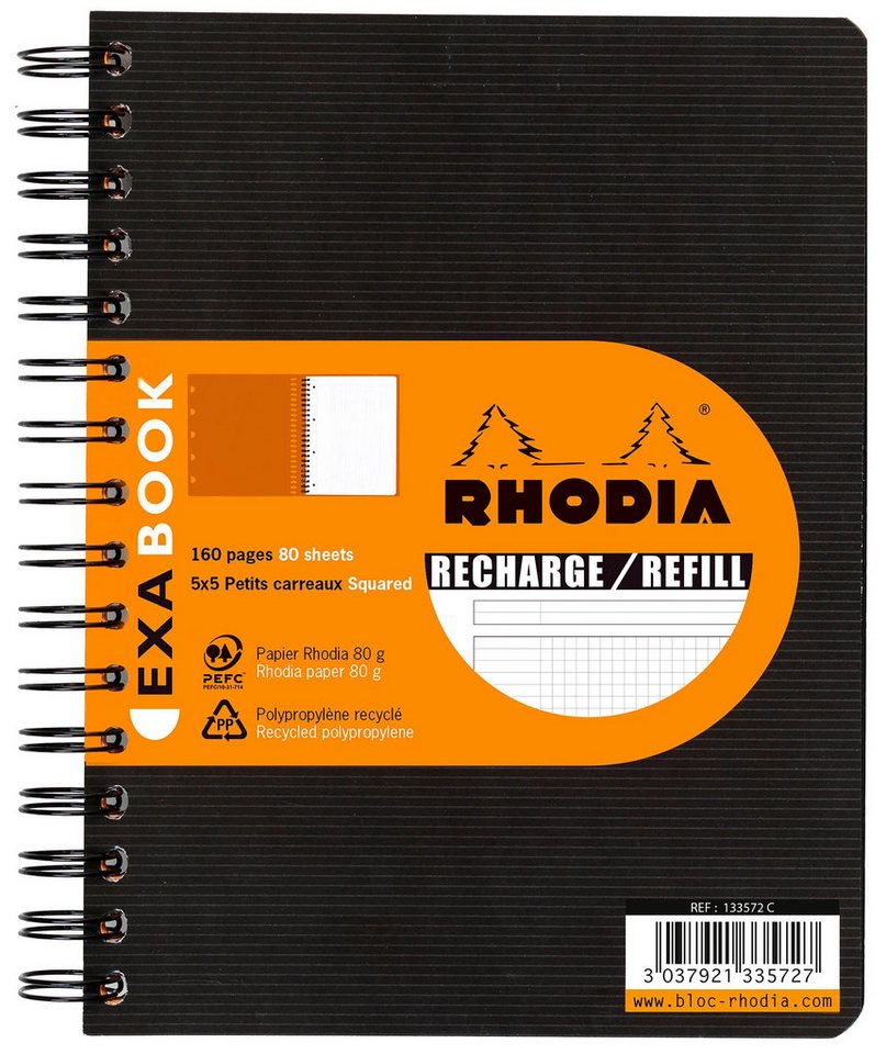 Rhodia Notizheft 5x Nachfüllung für ExaBook A5+ 80Blatt kariert 90g - Schwarz 133572C, Einlage Exabook