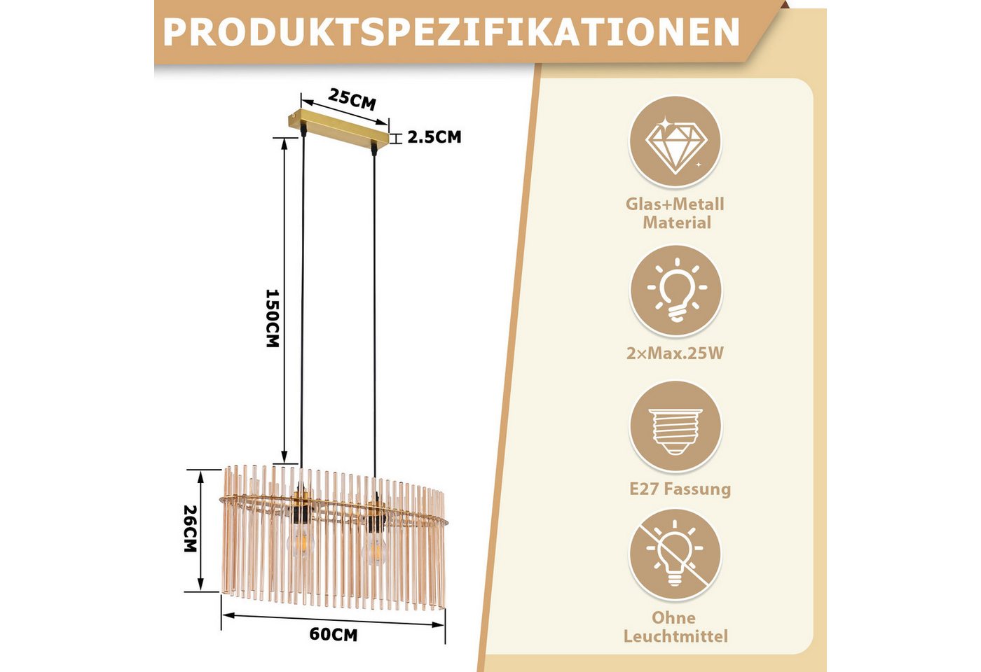 ZMH Pendelleuchte Esstisch aus Glas und Metall, 2/3/5-flammige Hängeleuchte E27, ohne Leuchtmittel, höhenverstellbar, für Esszimmer Bar, Hotel Bild 4