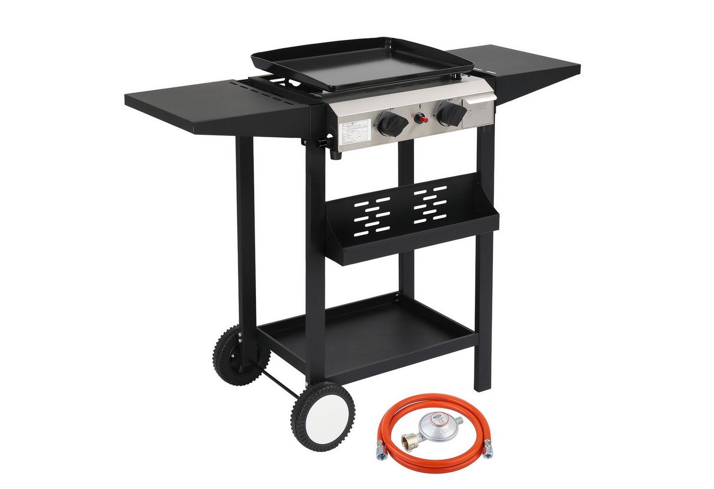 LALAHO Gasgrill Grillwagen 2 Brennern 5.86 kW mit emaillierter Grillplatte, integriertem Thermometer und Seitenablagen
