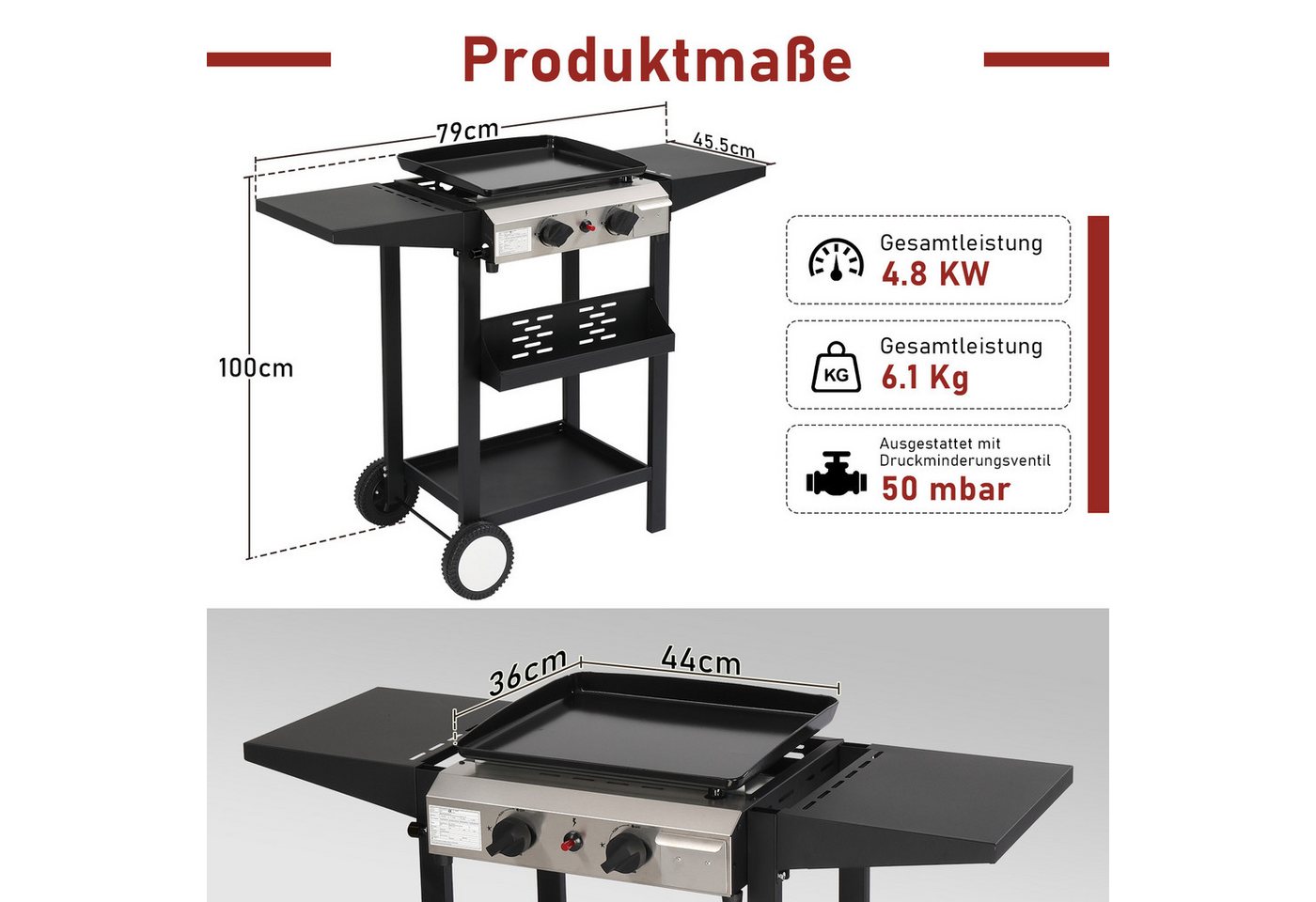 LALAHO Gasgrill Grillwagen 2 Brennern 5.86 kW mit emaillierter Grillplatte, integriertem Thermometer und Seitenablagen Bild 2