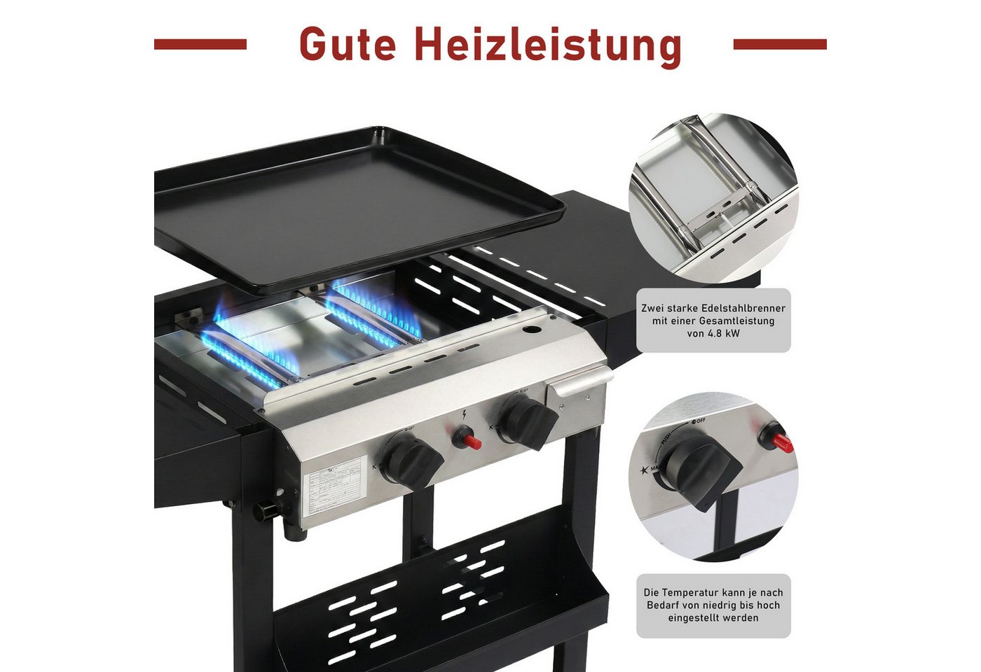 LALAHO Gasgrill Grillwagen 2 Brennern 5.86 kW mit emaillierter Grillplatte, integriertem Thermometer und Seitenablagen Bild 3