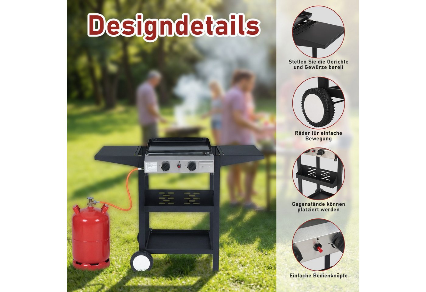 LALAHO Gasgrill Grillwagen 2 Brennern 5.86 kW mit emaillierter Grillplatte, integriertem Thermometer und Seitenablagen Bild 5