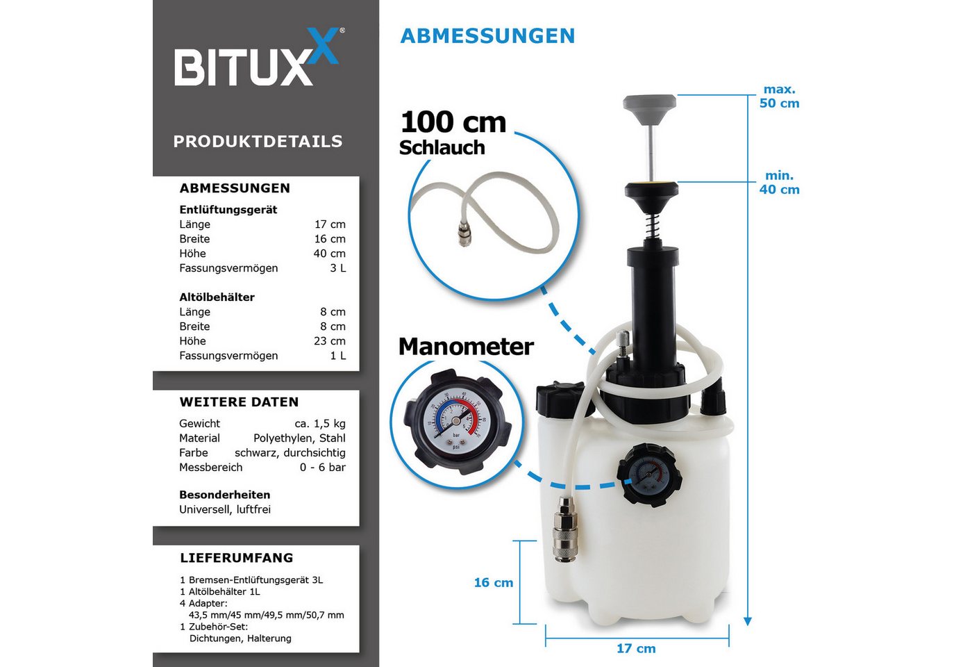 Bituxx Bremsscheiben-Richtwerkzeug Bituxx Bremsenentlüftungsgerät mit Ausgleichsbehälter 4 Adapter