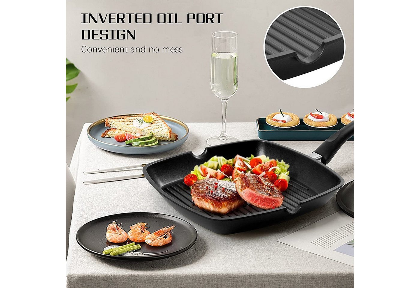 SunJas Grillpfanne 2er set Steakpfanne 28x28 cm mit Griff,Antihaftbeschichtet, Aluminium (2-tlg), Für alle Herdarten inklusive Induktionsherd