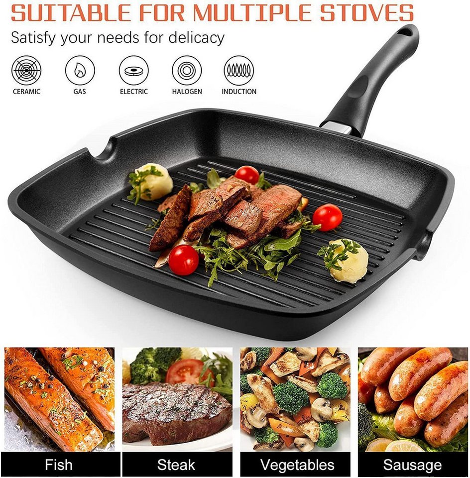 SunJas Grillpfanne 2er set Steakpfanne 28x28 cm mit Griff,Antihaftbeschichtet, Aluminium (2-tlg), Für alle Herdarten inklusive Induktionsherd Bild 3
