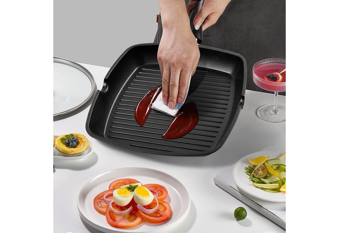 SunJas Grillpfanne 2er set Steakpfanne 28x28 cm mit Griff,Antihaftbeschichtet, Aluminium (2-tlg), Für alle Herdarten inklusive Induktionsherd Bild 4