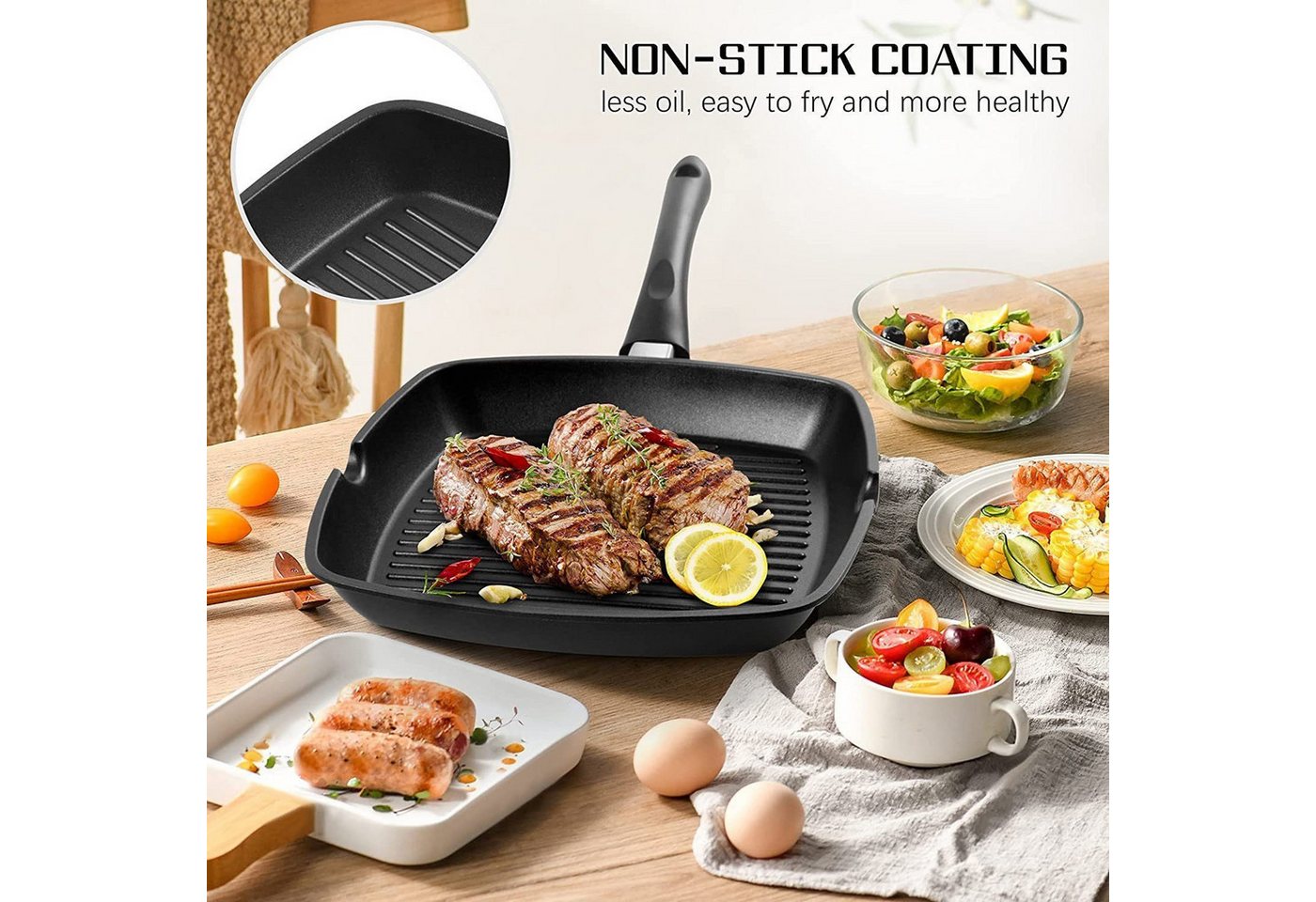 SunJas Grillpfanne 2er set Steakpfanne 28x28 cm mit Griff,Antihaftbeschichtet, Aluminium (2-tlg), Für alle Herdarten inklusive Induktionsherd Bild 5
