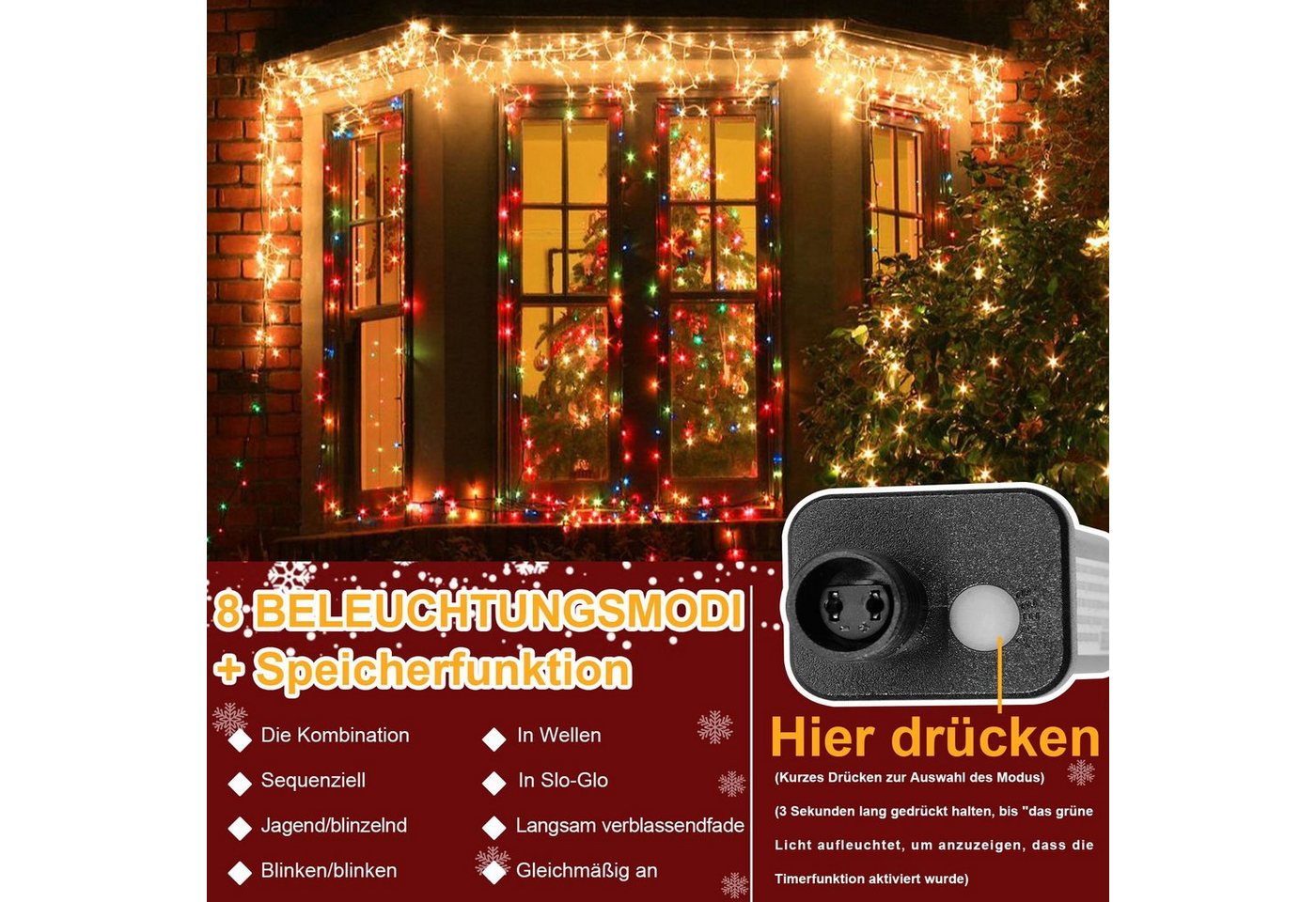 Sunicol LED-Lichtervorhang 5/10/15M, 8 Modi Anschliessbar Eisregen Lichterkette, Speicherfunktion, 31V Sichere Spannung, Timer, für Weihnachtsdeko Traufe Garten Balkon