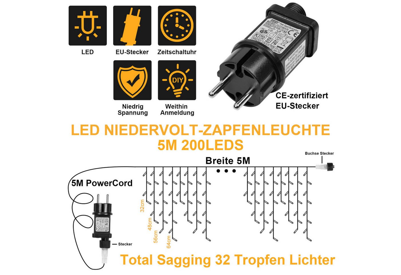 Sunicol LED-Lichtervorhang 5/10/15M, 8 Modi Anschliessbar Eisregen Lichterkette, Speicherfunktion, 31V Sichere Spannung, Timer, für Weihnachtsdeko Traufe Garten Balkon Bild 3