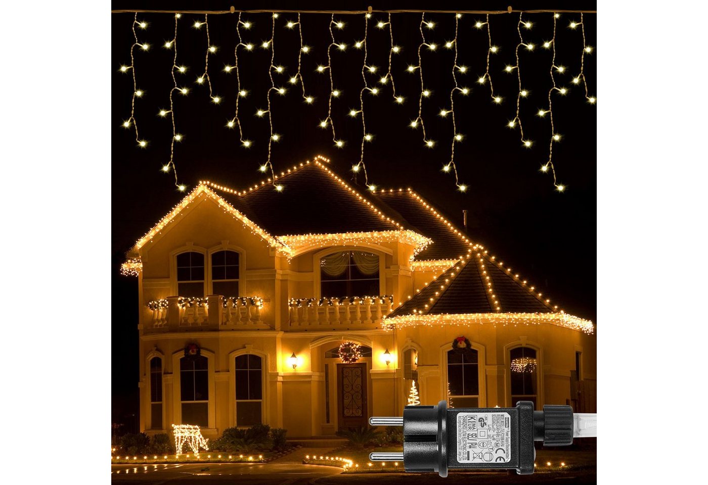 Sunicol LED-Lichtervorhang 5/10/15M, 8 Modi Anschliessbar Eisregen Lichterkette, Speicherfunktion, 31V Sichere Spannung, Timer, für Weihnachtsdeko Traufe Garten Balkon Bild 4