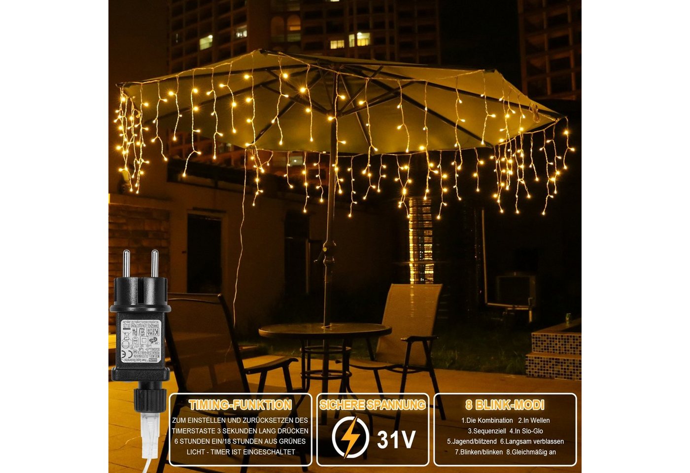Sunicol LED-Lichtervorhang 5/10/15M, 8 Modi Anschliessbar Eisregen Lichterkette, Speicherfunktion, 31V Sichere Spannung, Timer, für Weihnachtsdeko Traufe Garten Balkon Bild 5