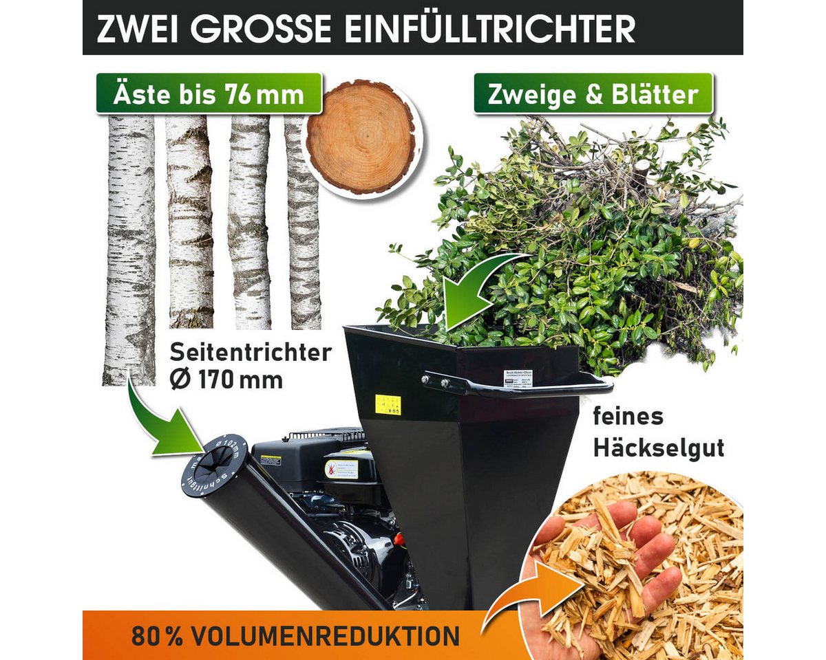 BRAST Häcksler Schredder Benzin, 2 Modelle, 2 Messersysteme mit 22 Messer, 7,6 cm max. Astdurchmesser, (5,2kW (7 PS), Transportreifen & Griff)