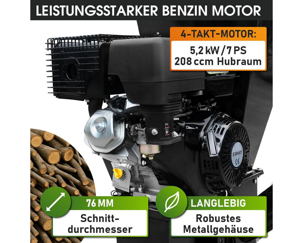 BRAST Häcksler Schredder Benzin, 2 Modelle, 2 Messersysteme mit 22 Messer, 7,6 cm max. Astdurchmesser, (5,2kW (7 PS), Transportreifen & Griff) Bild 3
