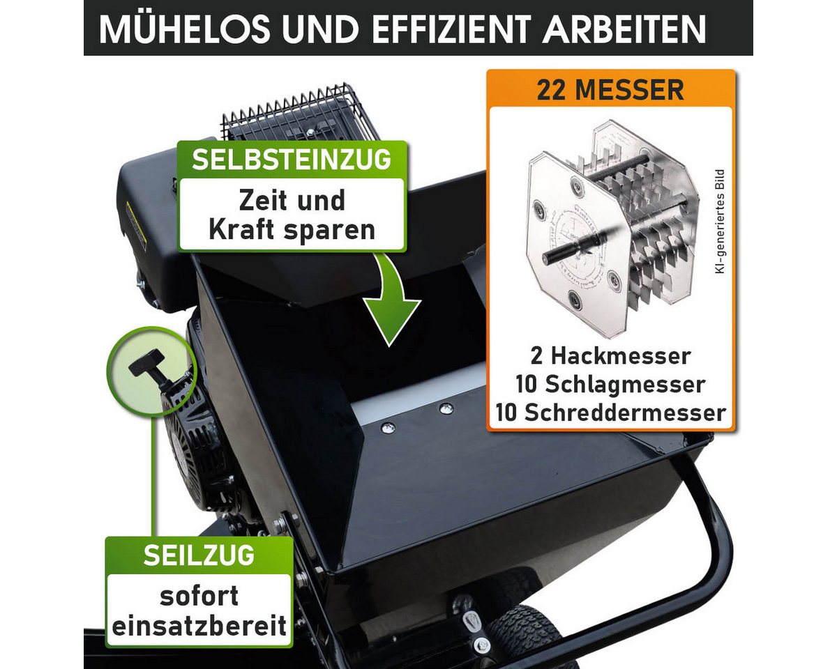 BRAST Häcksler Schredder Benzin, 2 Modelle, 2 Messersysteme mit 22 Messer, 7,6 cm max. Astdurchmesser, (5,2kW (7 PS), Transportreifen & Griff) Bild 5