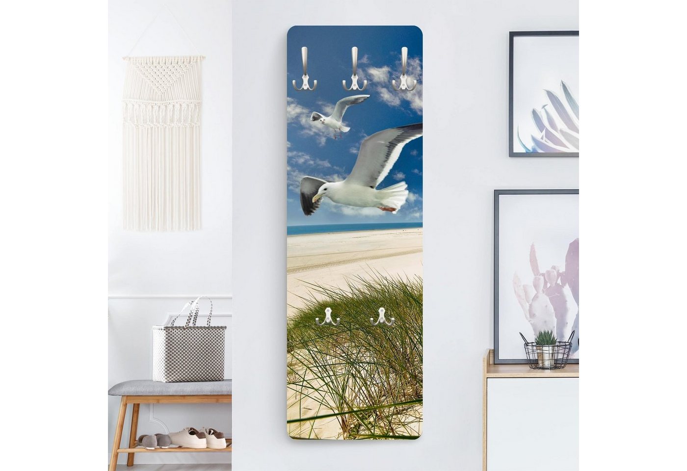 Bilderdepot24 Garderobenpaneel blau Natur Strand Meer Tiere Dune Breeze Möwe Design (ausgefallenes Flur Wandpaneel mit Garderobenhaken Kleiderhaken hängend), moderne Wandgarderobe - Flurgarderobe im schmalen Hakenpaneel Design Bild 2
