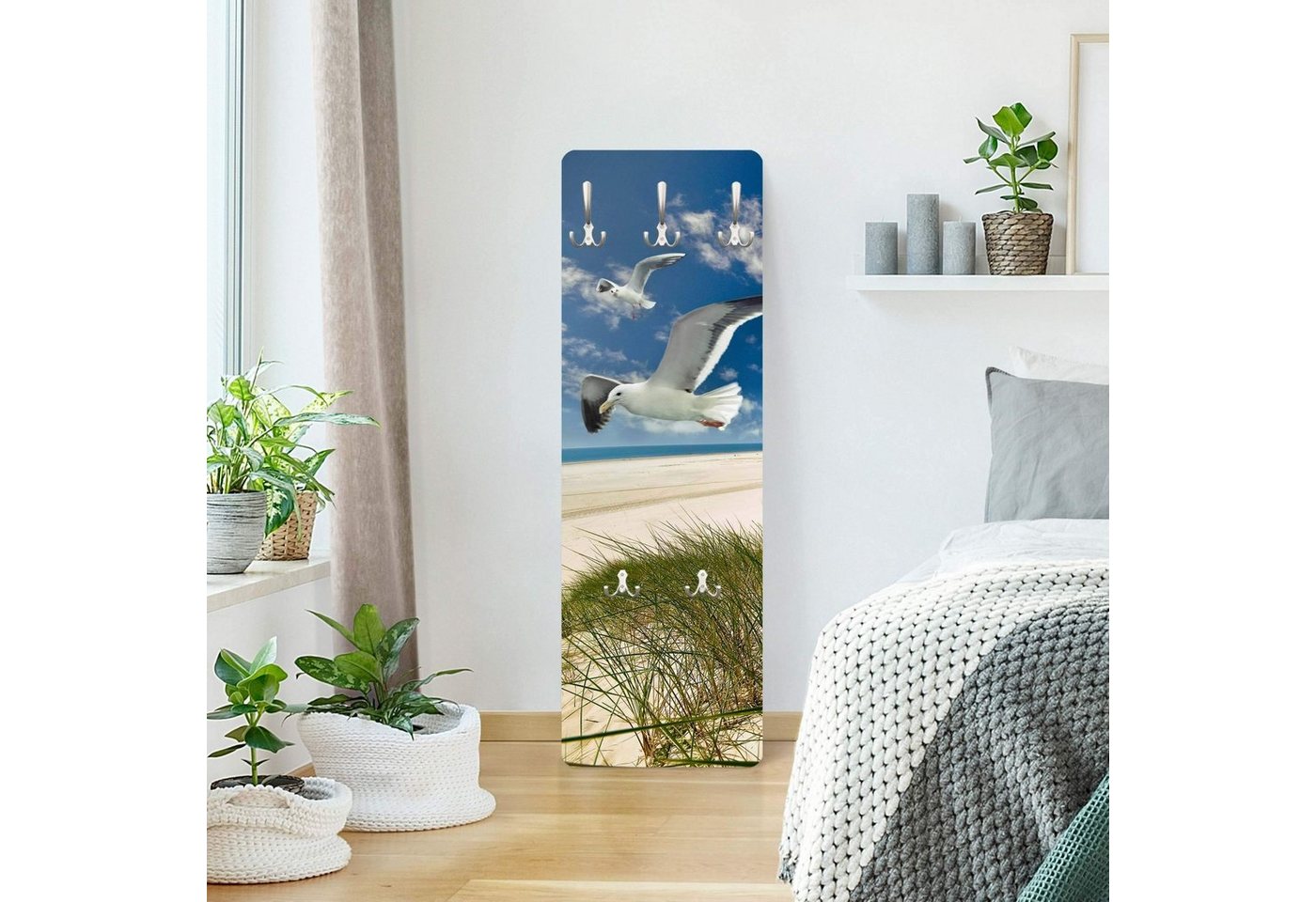 Bilderdepot24 Garderobenpaneel blau Natur Strand Meer Tiere Dune Breeze Möwe Design (ausgefallenes Flur Wandpaneel mit Garderobenhaken Kleiderhaken hängend), moderne Wandgarderobe - Flurgarderobe im schmalen Hakenpaneel Design Bild 3