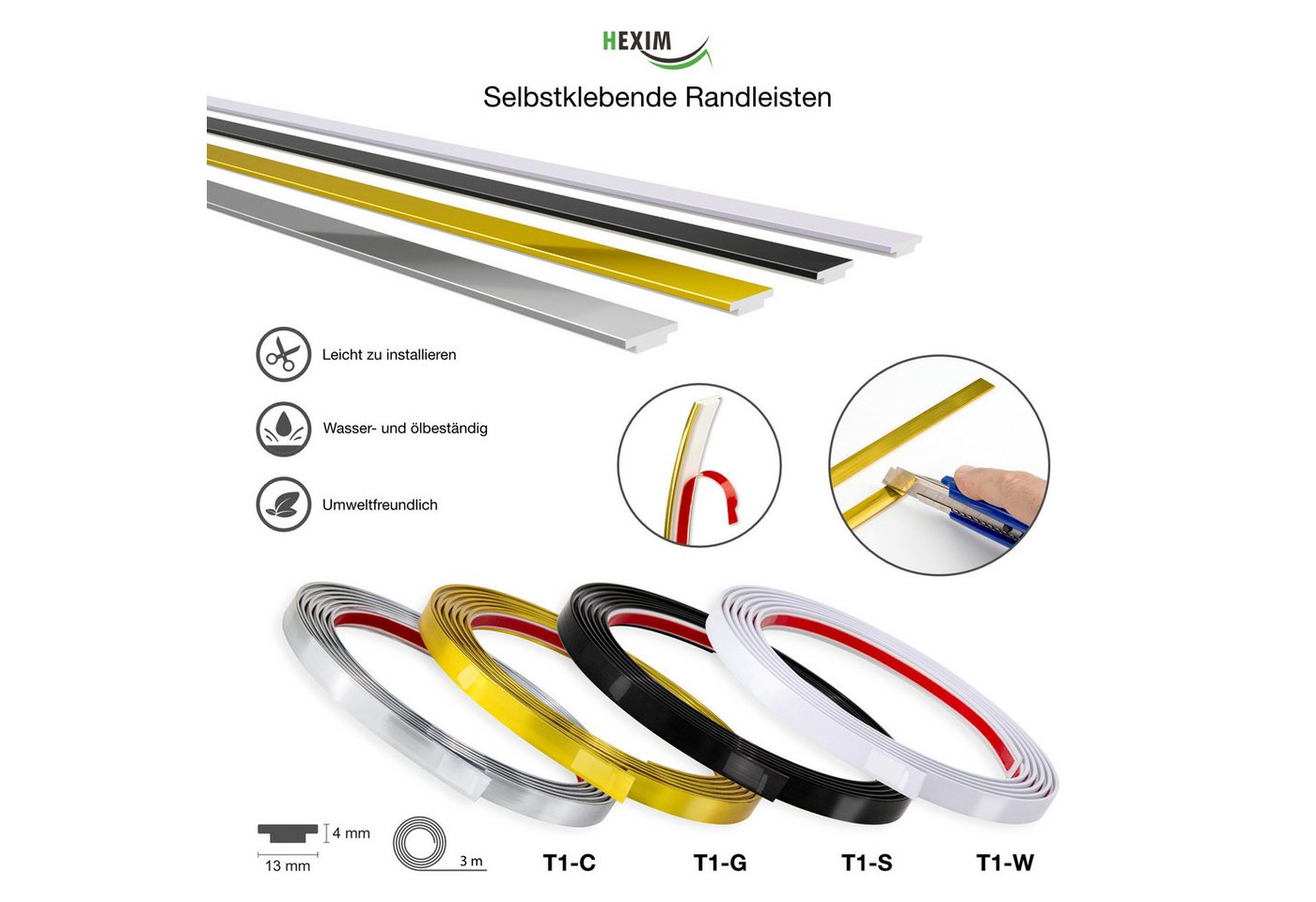 Hexim Zierleiste T1-W, 3M Randleiste - Modell T1, Selbstklebende Zierleisten flexibel universelle Profile Wandleiste Gold Chrom Weiß Schwarz 300cm Spiegelrand Möbel Deckenleiste (1 Leiste T1-W weiß) Bild 2