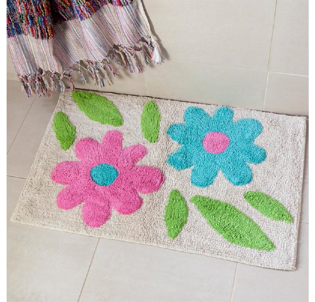Rex London Badematte Blumen Grün-Pink, wunderbar weich, wasserabsorbierend, getuftete Struktur, Baumwolle, Rechteckig, Bad Vorleger, ca. 80x50 cm, für einen farbigen Akzent im Bad
