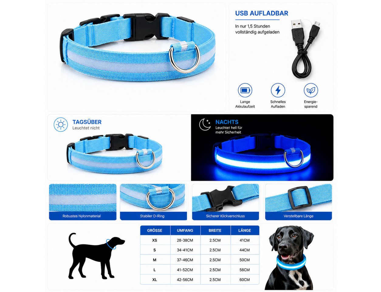 FroShop Hundehalsbandleuchte LED Hundehalsband USB aufladbar (S/M/L/XL) Leuchthalsband Nylon, LED fest integriert, verschiedene Farben, Akku Halsband reflektierend verstellbar Blinkhalsband für Hunde Bild 2