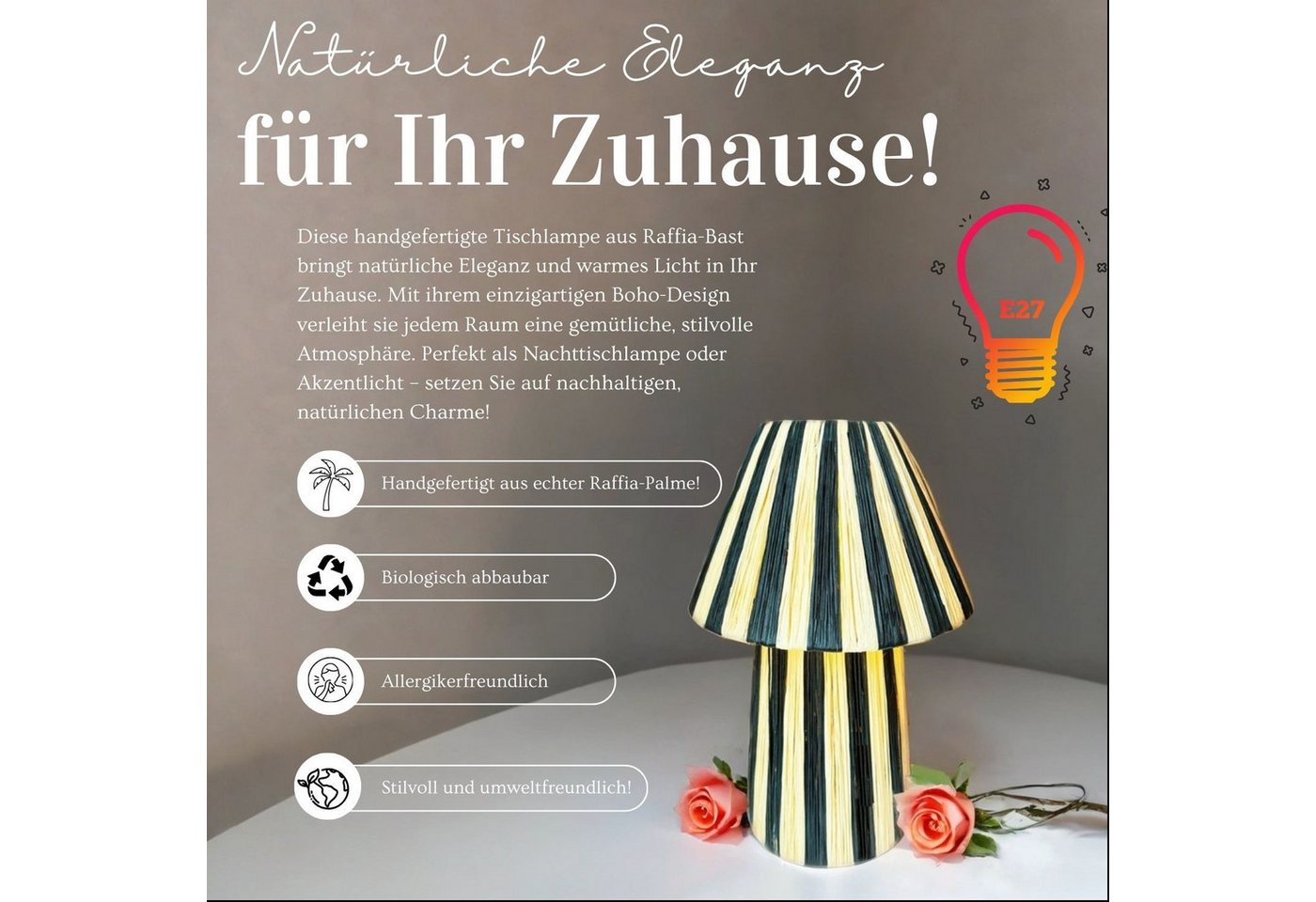 Marrakesch Orient & Mediterran Interior Nachttischlampe Boho Tischlampe Morjan aus Raffia-Bast in Beige-Schwarz 40 x 26 cm, E27, Handarbeit Bild 4