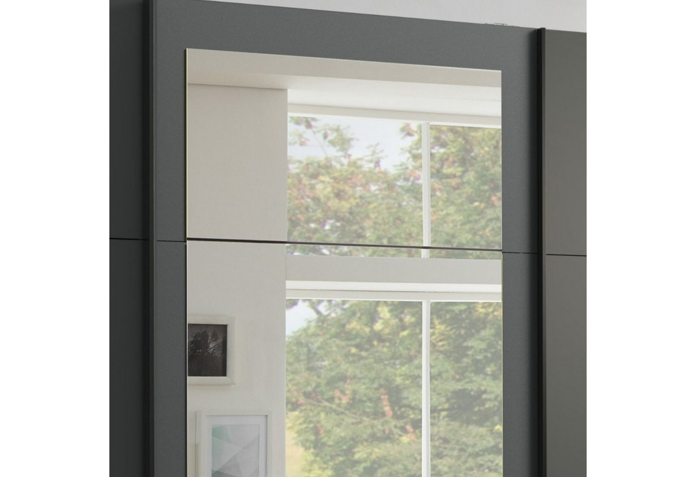 luma-home Schwebetürenschrank 22501 (B270/H208/T64 cm Kleiderschrank mit Vollausstattung, schwarzen Griffleisten) mit 6 sichtbaren Schubladen in der Front und Rahmenspiegel in Grafit Bild 2