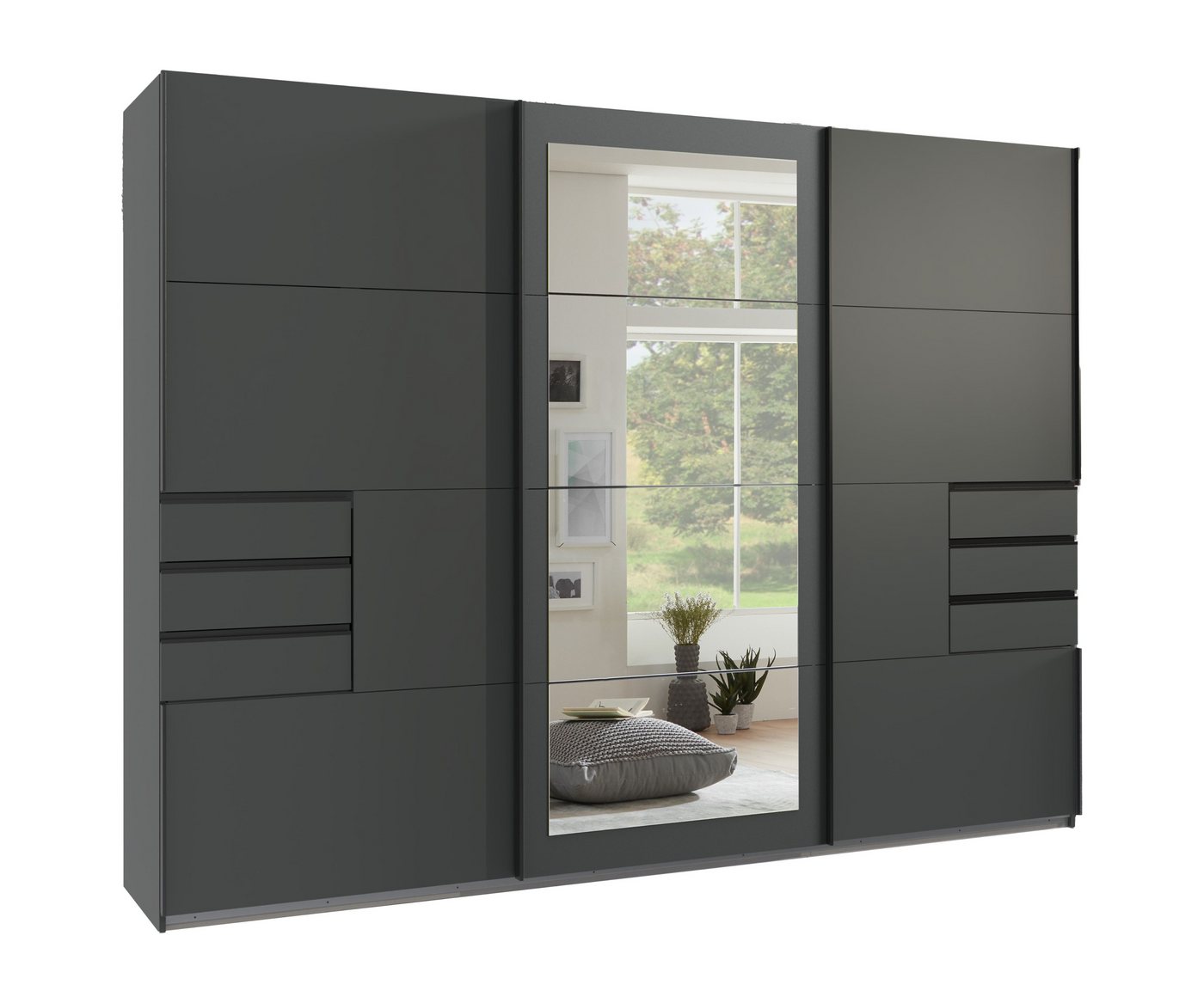 luma-home Schwebetürenschrank 22501 (B270/H208/T64 cm Kleiderschrank mit Vollausstattung, schwarzen Griffleisten) mit 6 sichtbaren Schubladen in der Front und Rahmenspiegel in Grafit Bild 4