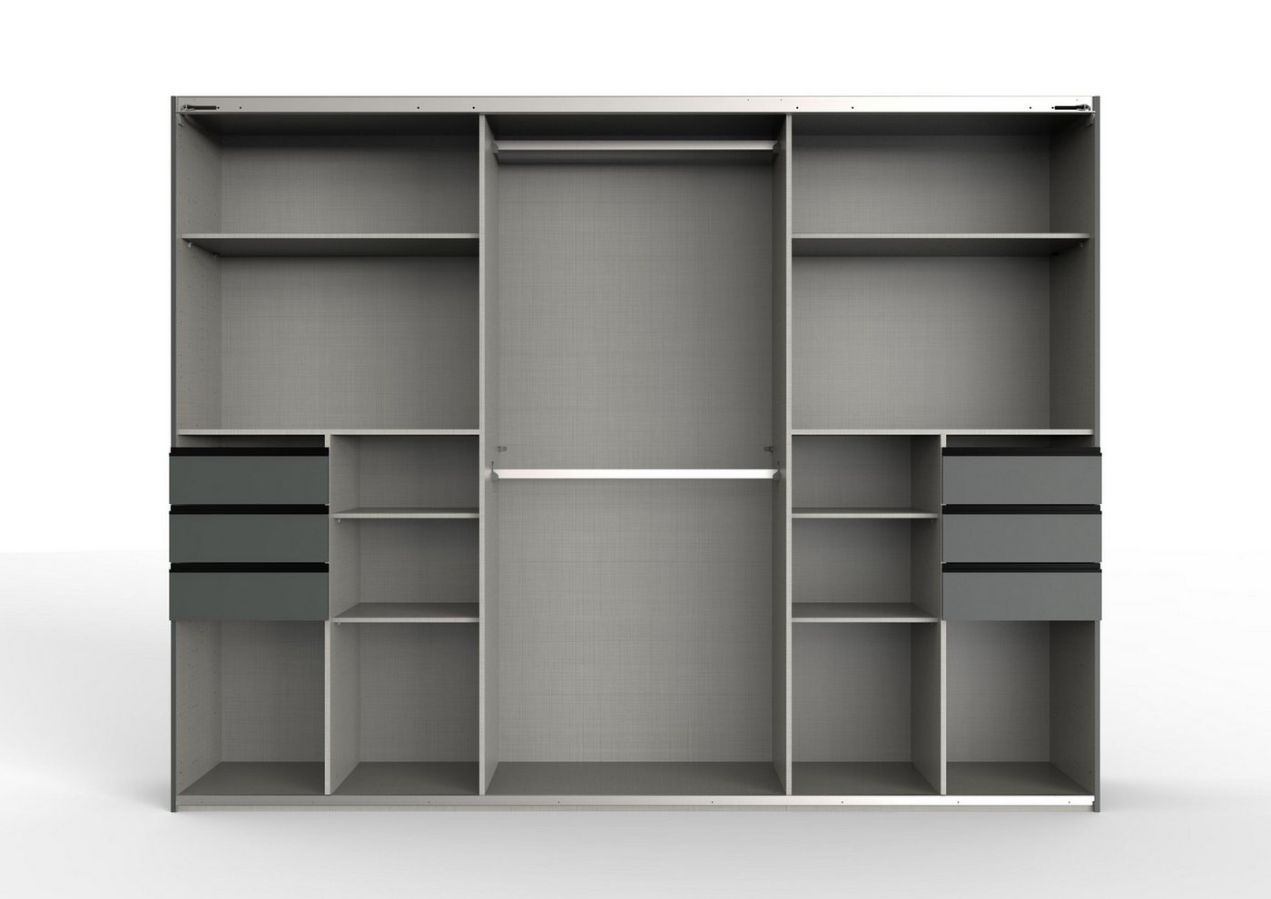 luma-home Schwebetürenschrank 22501 (B270/H208/T64 cm Kleiderschrank mit Vollausstattung, schwarzen Griffleisten) mit 6 sichtbaren Schubladen in der Front und Rahmenspiegel in Grafit Bild 5