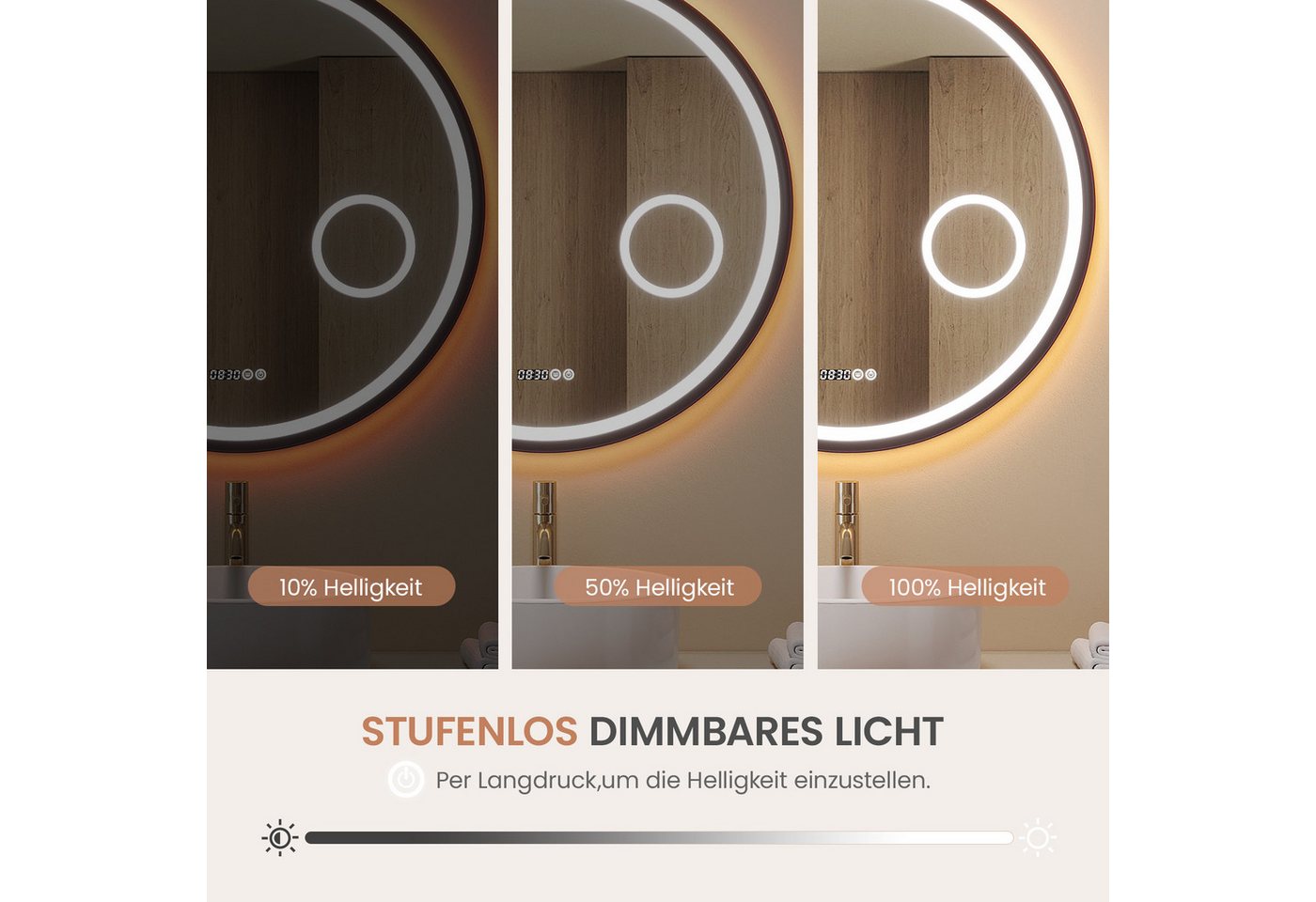AQUALAVOS Badspiegel LED Runder Schminkspiegel Φ80cm mit Beleuchtung Dimmbar Wandspiegel, Lichtspiegel mit Digitaluhr, 3-fache Vergrößerung, Antibeschlag