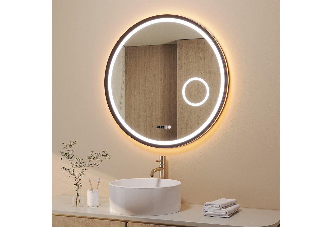 AQUALAVOS Badspiegel LED Runder Schminkspiegel Φ80cm mit Beleuchtung Dimmbar Wandspiegel, Lichtspiegel mit Digitaluhr, 3-fache Vergrößerung, Antibeschlag Bild 3