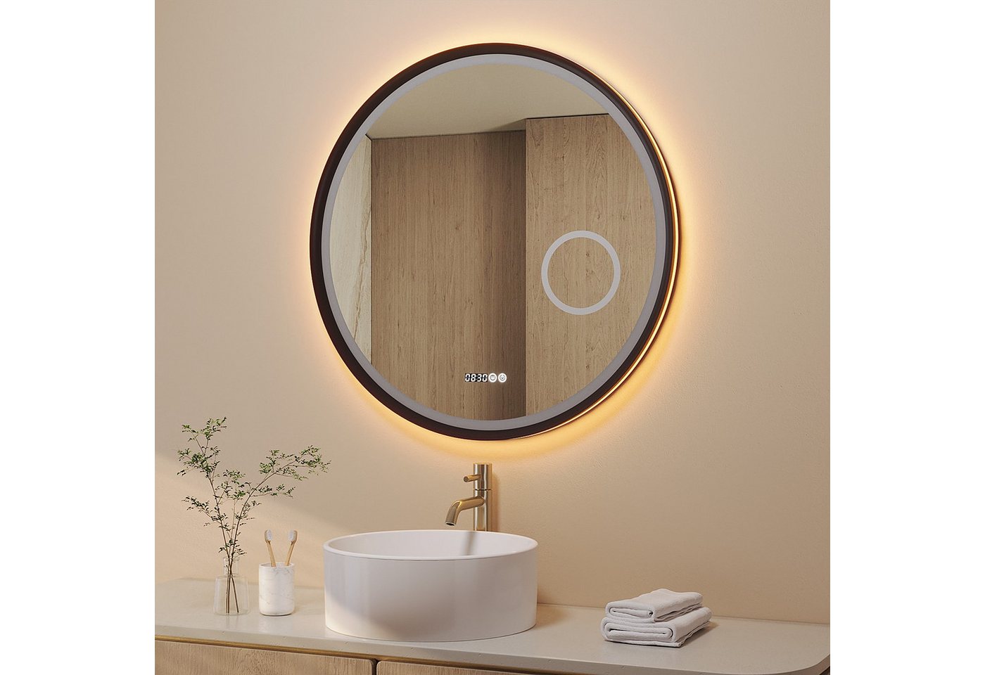 AQUALAVOS Badspiegel LED Runder Schminkspiegel Φ80cm mit Beleuchtung Dimmbar Wandspiegel, Lichtspiegel mit Digitaluhr, 3-fache Vergrößerung, Antibeschlag Bild 4