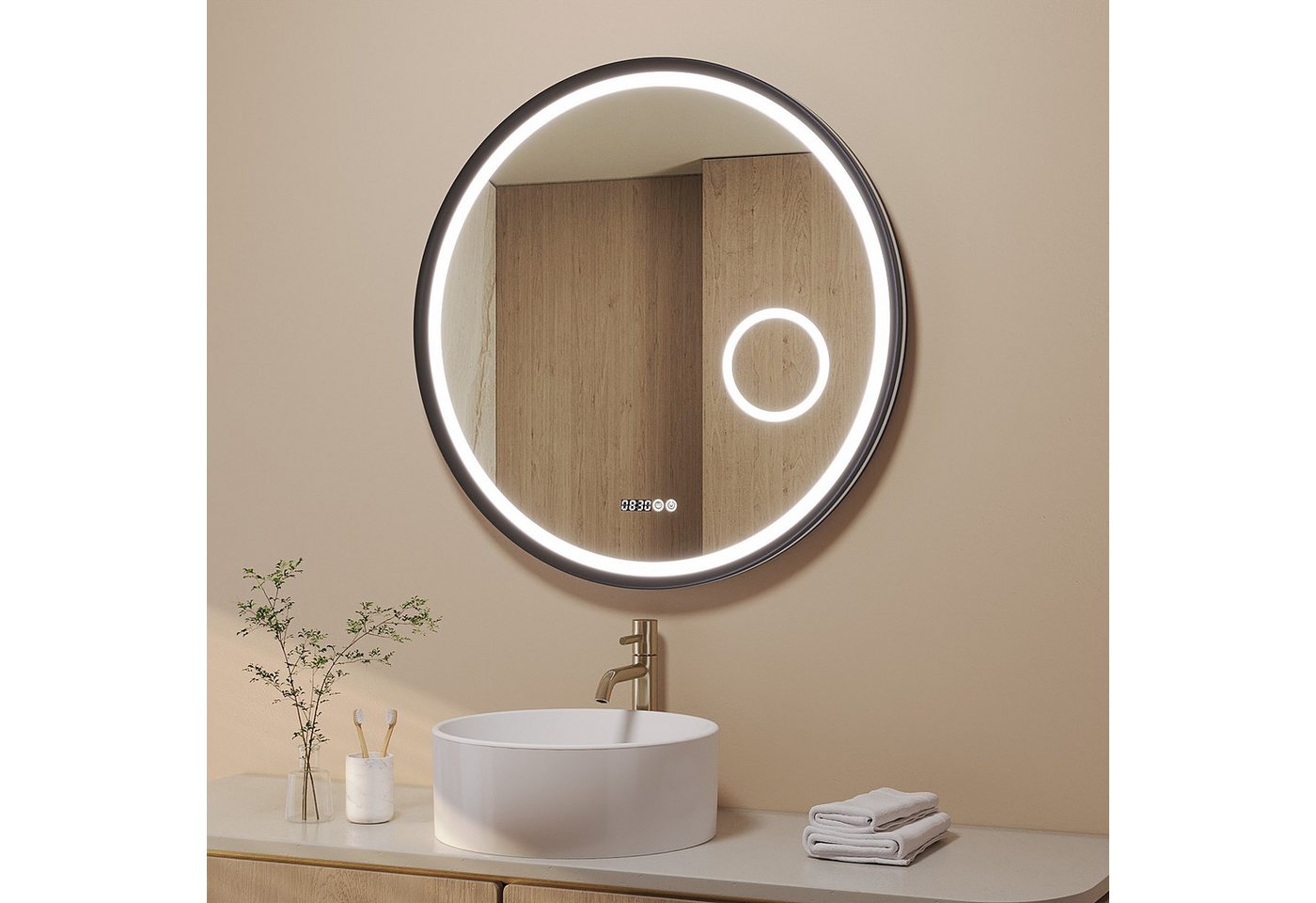AQUALAVOS Badspiegel LED Runder Schminkspiegel Φ80cm mit Beleuchtung Dimmbar Wandspiegel, Lichtspiegel mit Digitaluhr, 3-fache Vergrößerung, Antibeschlag Bild 5