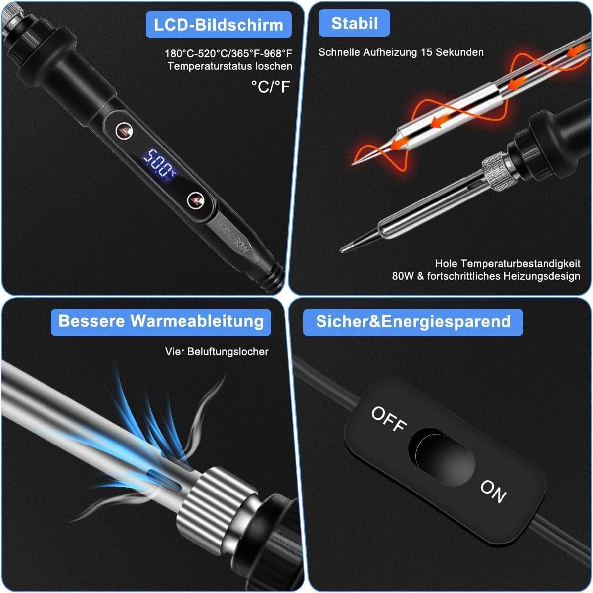 FELIXLEO Elektrowerkzeug-Set Lötkolben Set 80W LCD 180-500°C Einstellbar mit 5 Spitzen Draht Pumpe, 1-tlg.