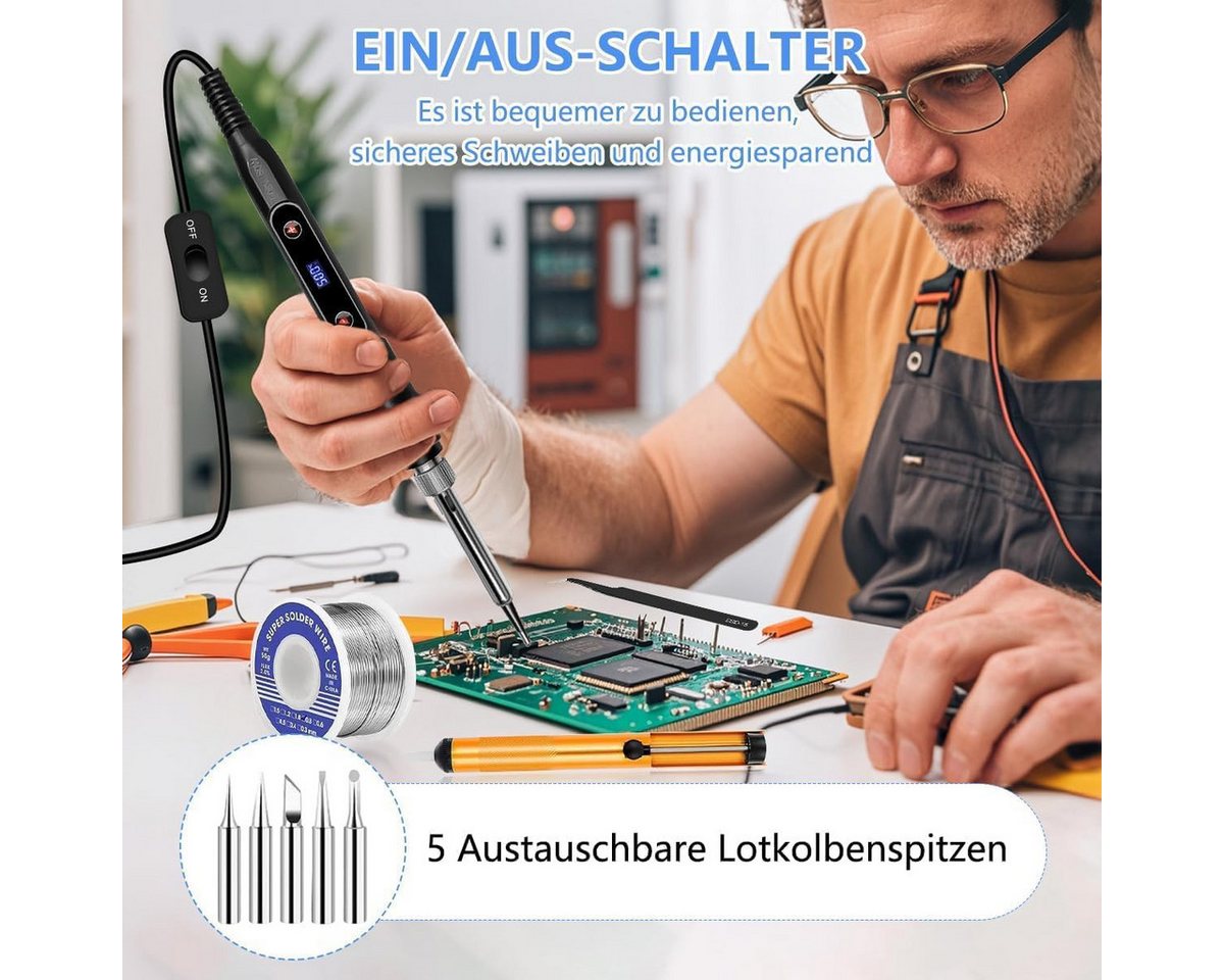FELIXLEO Elektrowerkzeug-Set Lötkolben Set 80W LCD 180-500°C Einstellbar mit 5 Spitzen Draht Pumpe, 1-tlg. Bild 2