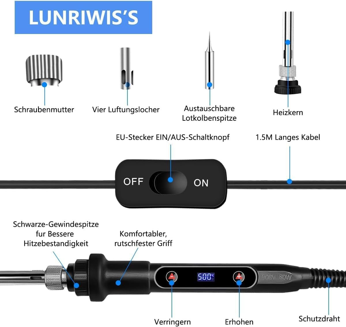 FELIXLEO Elektrowerkzeug-Set Lötkolben Set 80W LCD 180-500°C Einstellbar mit 5 Spitzen Draht Pumpe, 1-tlg. Bild 3