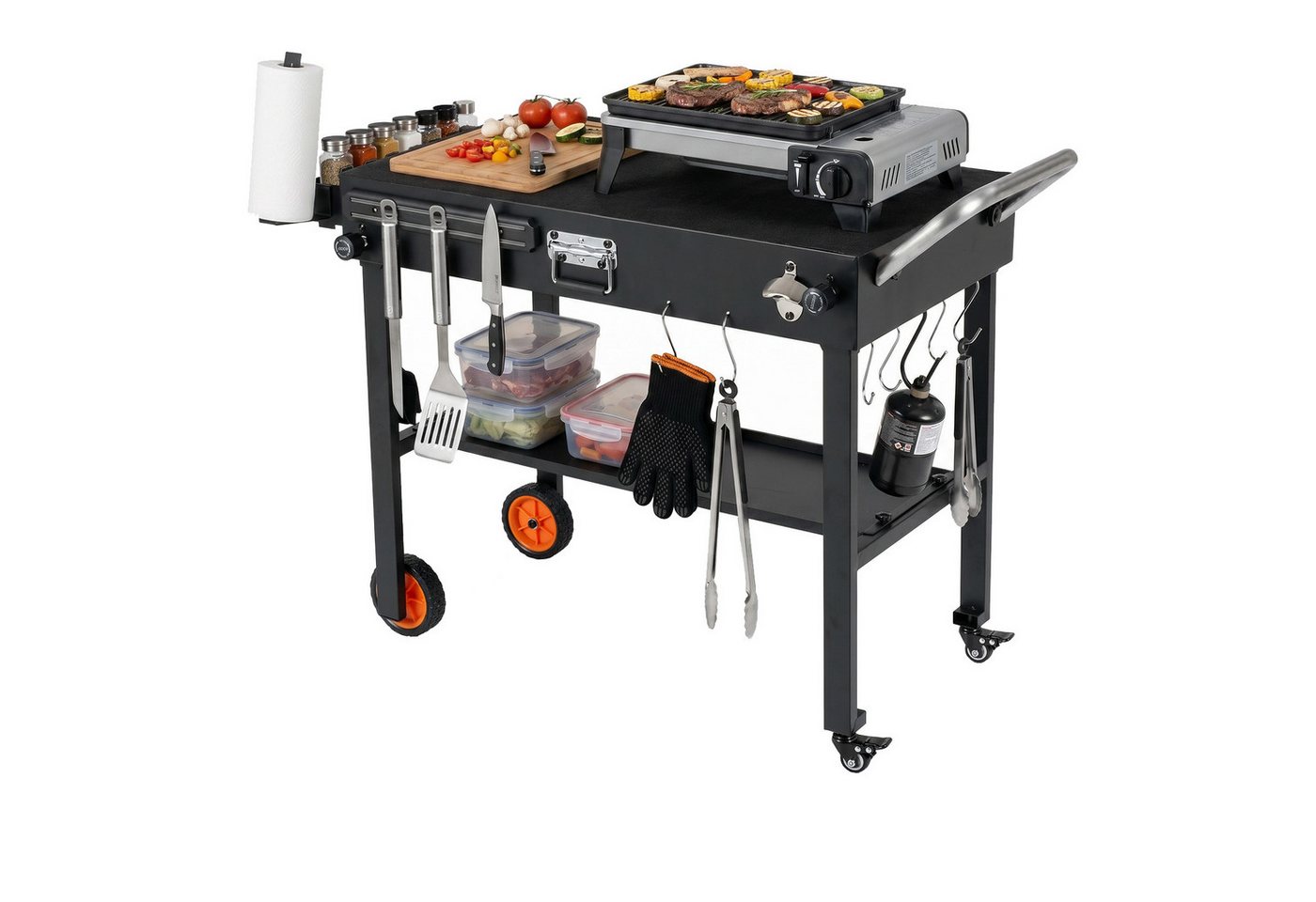 COSTWAY Grillablagetisch, Klappbarer, mit Rollen, Arbeitsfläche & Hitzeschutzmatte