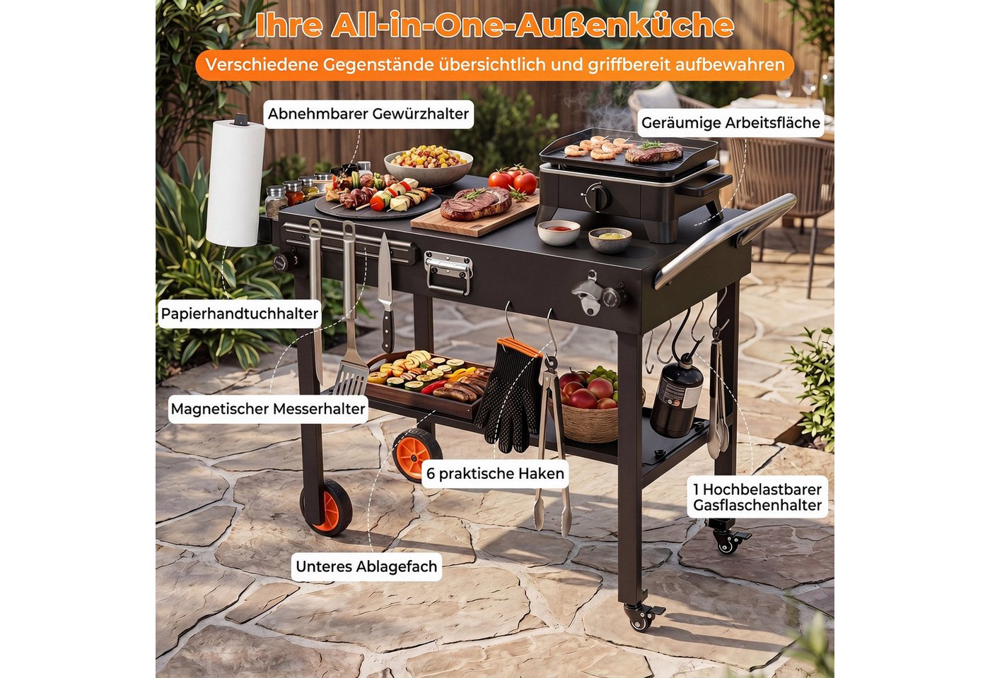 COSTWAY Grillablagetisch, Klappbarer, mit Rollen, Arbeitsfläche & Hitzeschutzmatte Bild 2