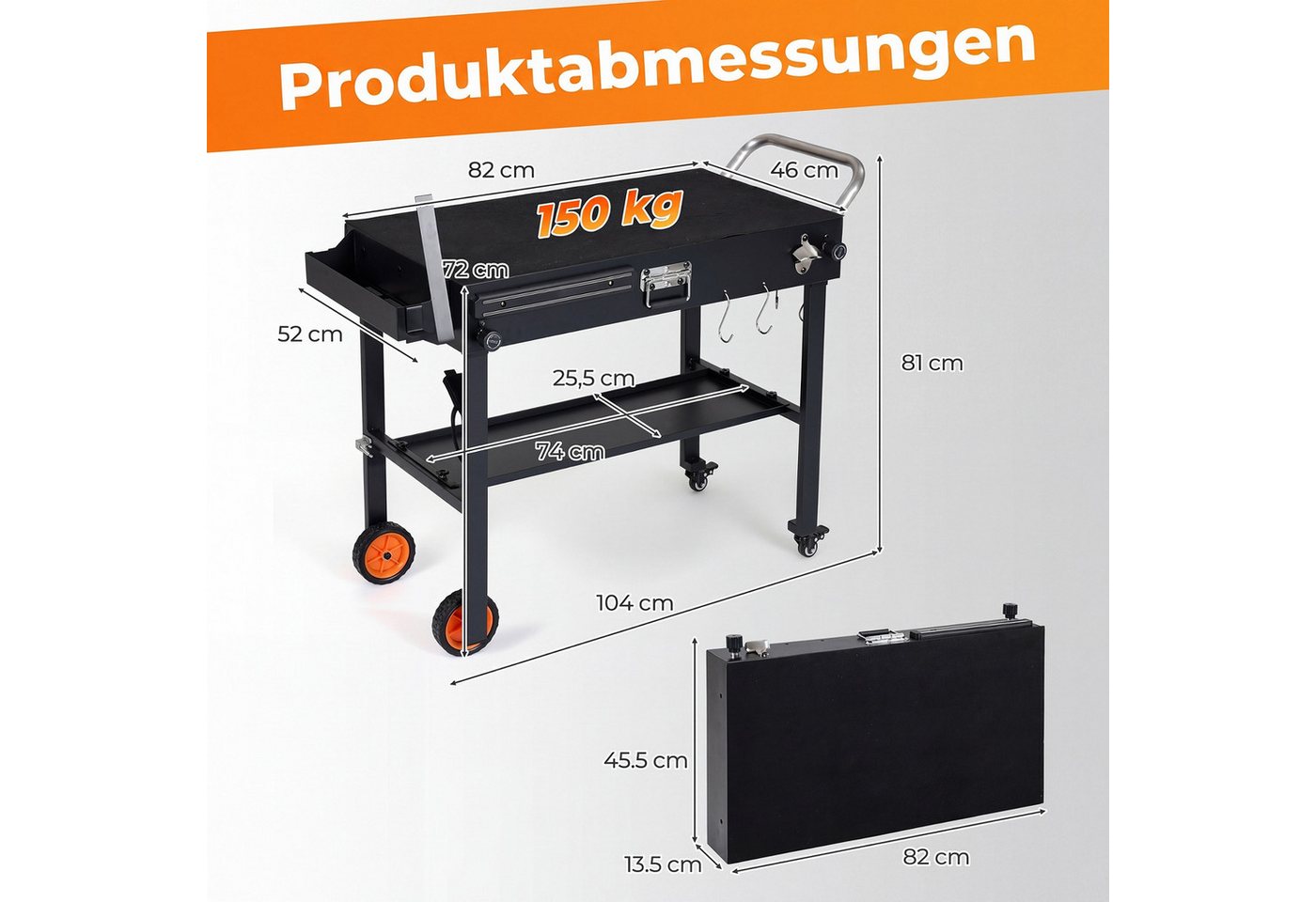 COSTWAY Grillablagetisch, Klappbarer, mit Rollen, Arbeitsfläche & Hitzeschutzmatte Bild 3