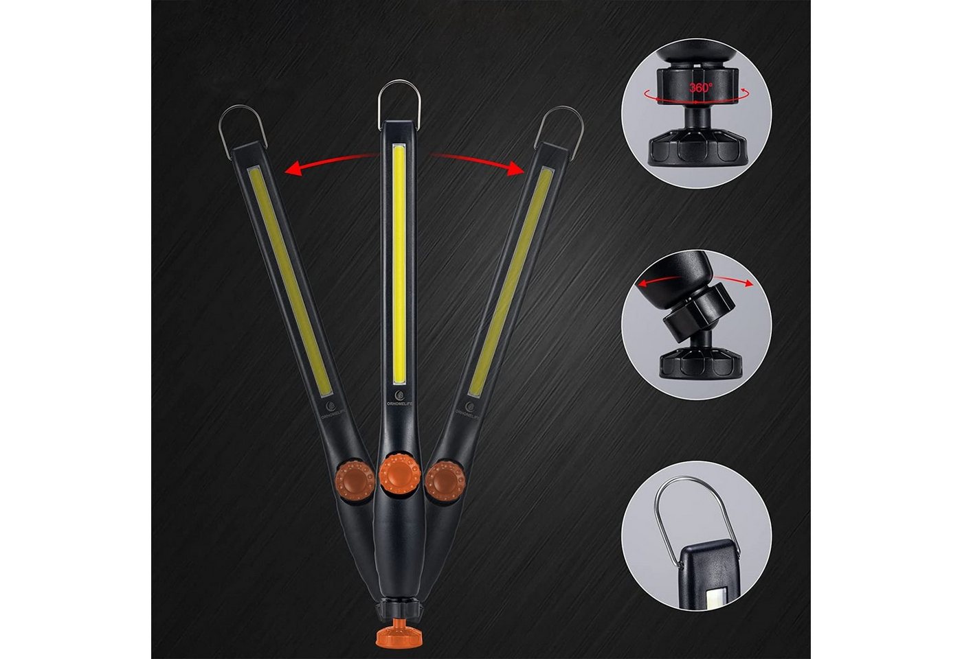 ONDIS24 LED Arbeitsleuchte Akkuleuchte Stablampe für Camping mit magnetischem Haltefuß, LED fest integriert, Tageslichtweiß, 360° schwenkbar und Haken 800 Lumen 2000 mAh Akku Bild 2