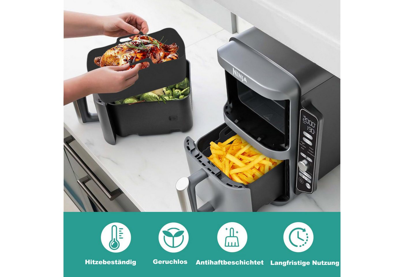 Coonoor Silikonform 2er Pack Airfryer-Silikon-Einsätze, Upgrade große Kapazität, (2-tlg), Antihaft und hochtemperaturbeständig