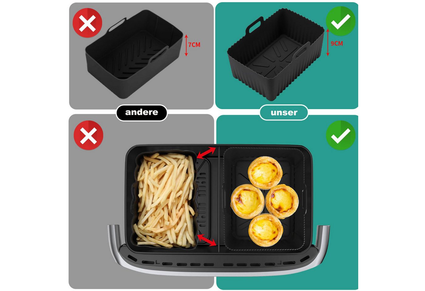 Coonoor Silikonform 2er Pack Airfryer-Silikon-Einsätze, Upgrade große Kapazität, (2-tlg), Antihaft und hochtemperaturbeständig Bild 4
