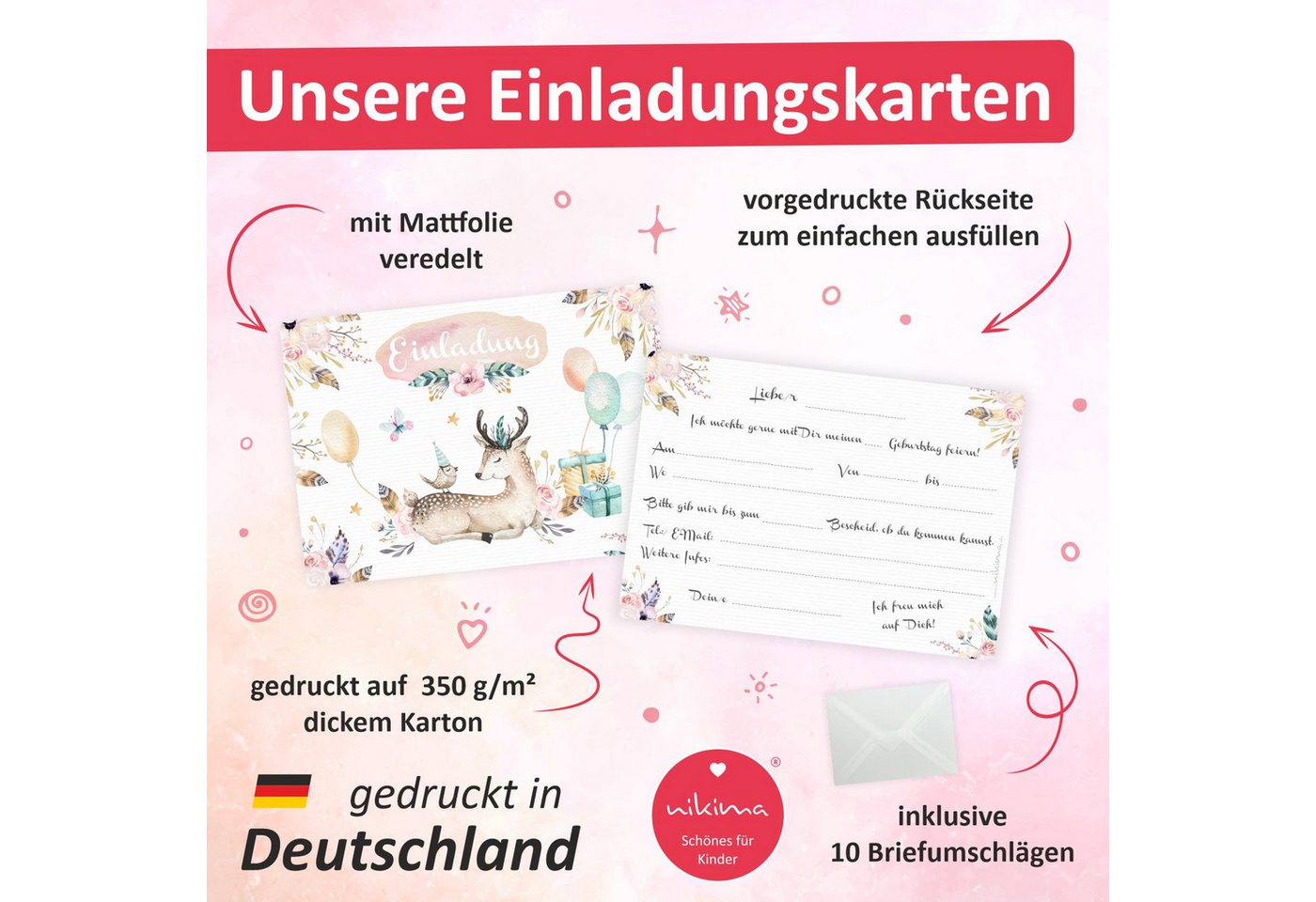 nikima Einladungskarten 10 Einladungskarten Reh Hirsch Luftballon inkl. Umschlag Bild 3