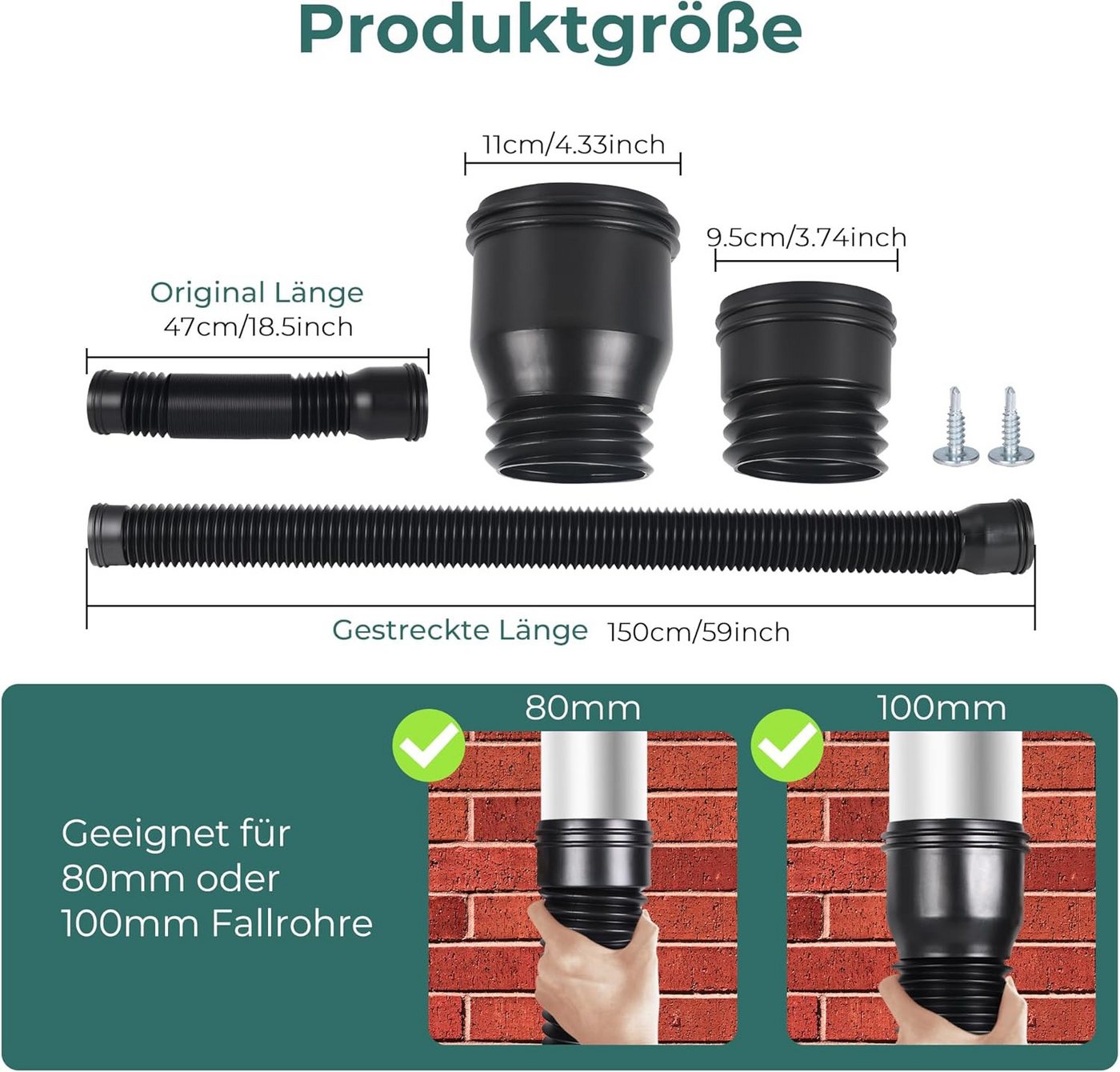 FELIXLEO Schlauchverlängerung Gutter Flexible Downpipe Extension,for Downpipe 80/100 mm (1 Piece) Bild 3