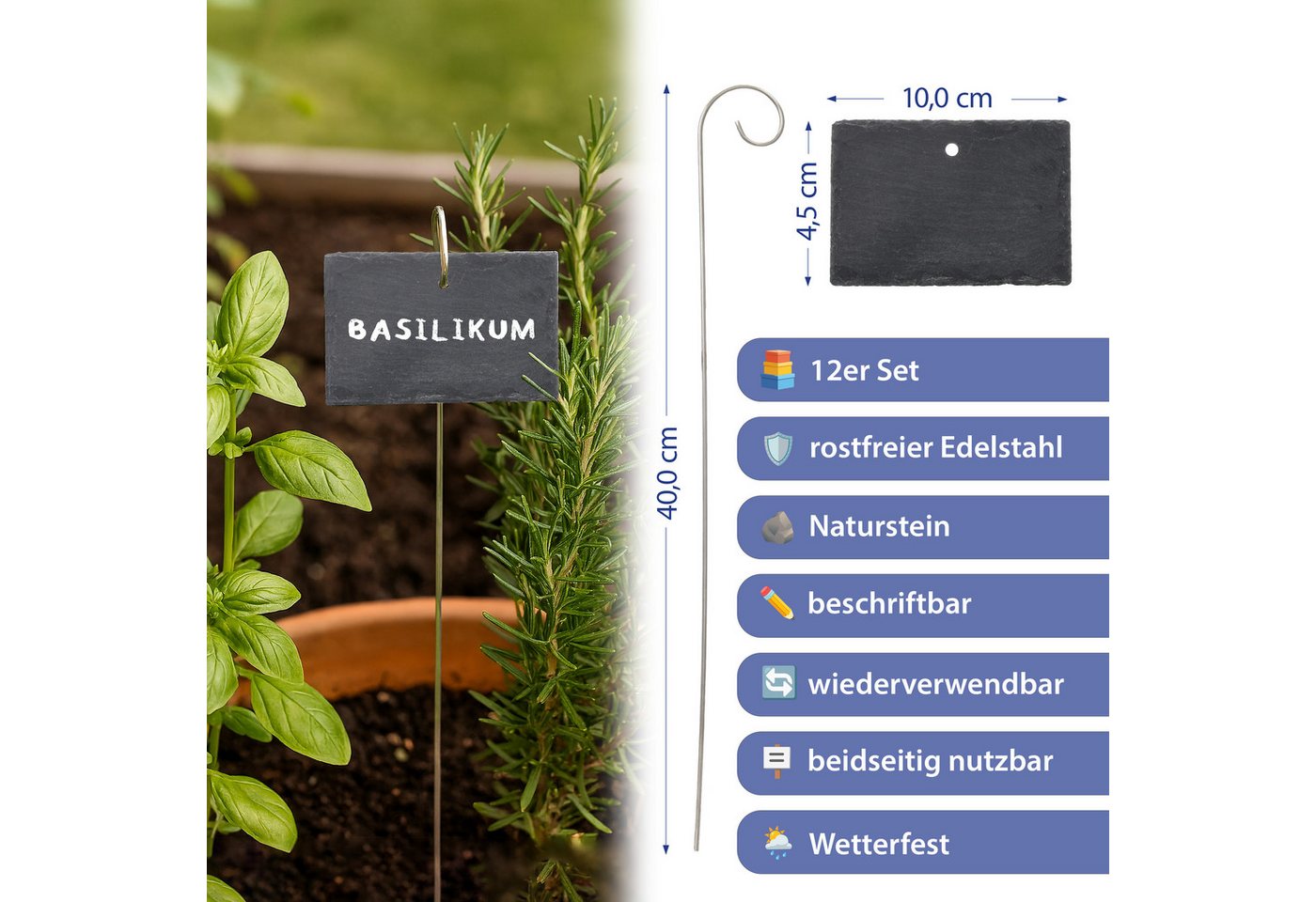CEPEWA Gartenstecker Gartenstecker Schild 12er Set 10x40x4,5cm Edelstahl Schiefer Erdspieß