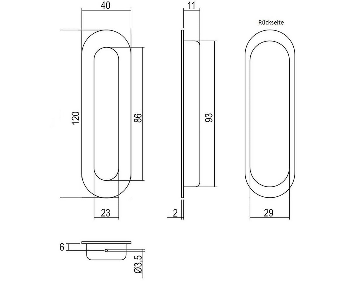 MS Beschläge Schiebetürmuschel Einlassmuschel oval 120x40mm Edelstahl Möbelgriff, Muschelgriff gebürstet - Einlassgriff Türgriff Bild 3