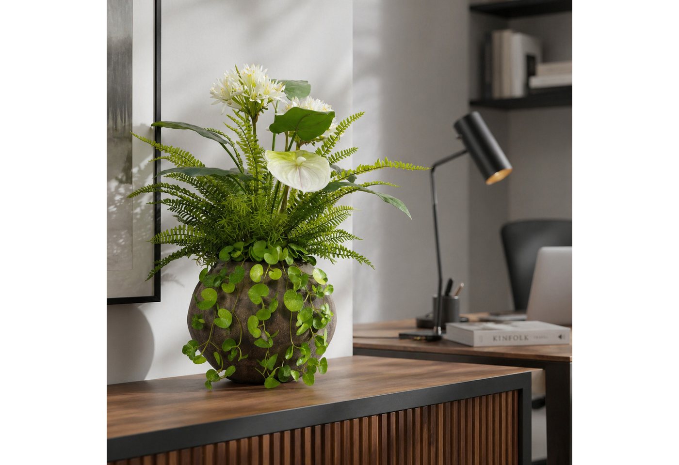 Kunstpflanze Blumengesteck künstlich weiß grün, UNUS HOME, Höhe 67 cm, Kunstblume, Kunstpflanze, Gesteck mit Vase Bild 2