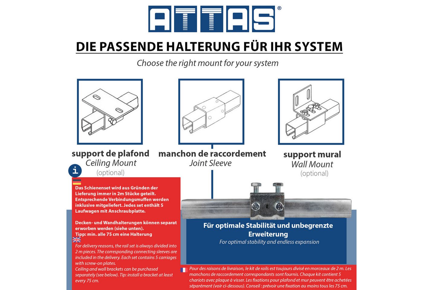 ATTAS Schiebetür Schiebetürsystem mit Laufschienen, Rollen für Schiebetüren & Tore (Set, inkl. Laufwagen), Schiebetür Beschlag
