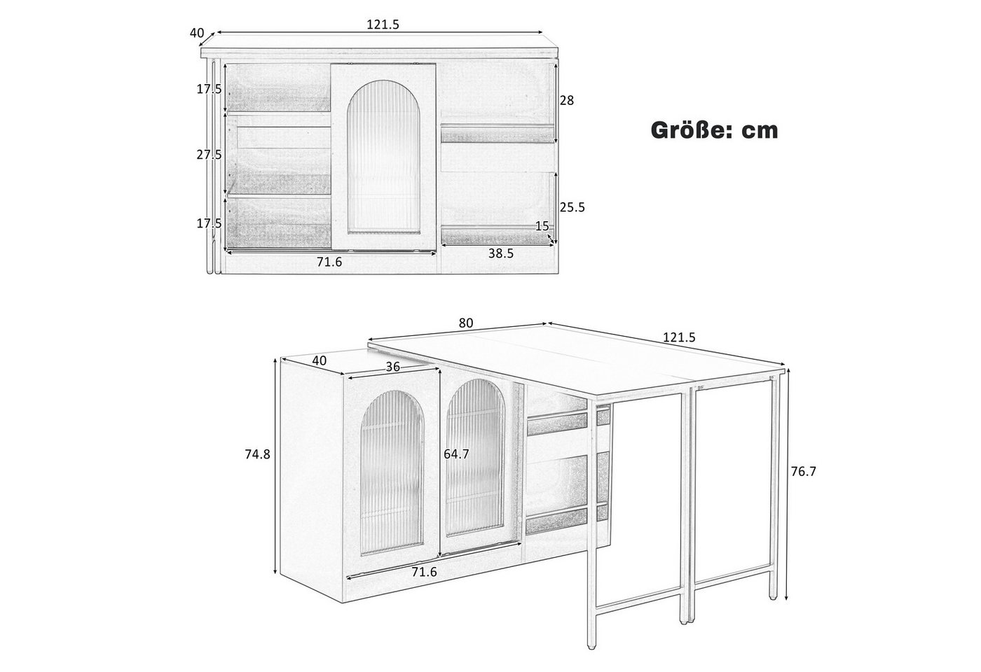 Merax Kücheninsel Esstische Bartisch 360°Drehbar, Ausziehbar Reversibel, Esszimmertisch Sideboard mit Glastür, Lagerregal, Küchentisch