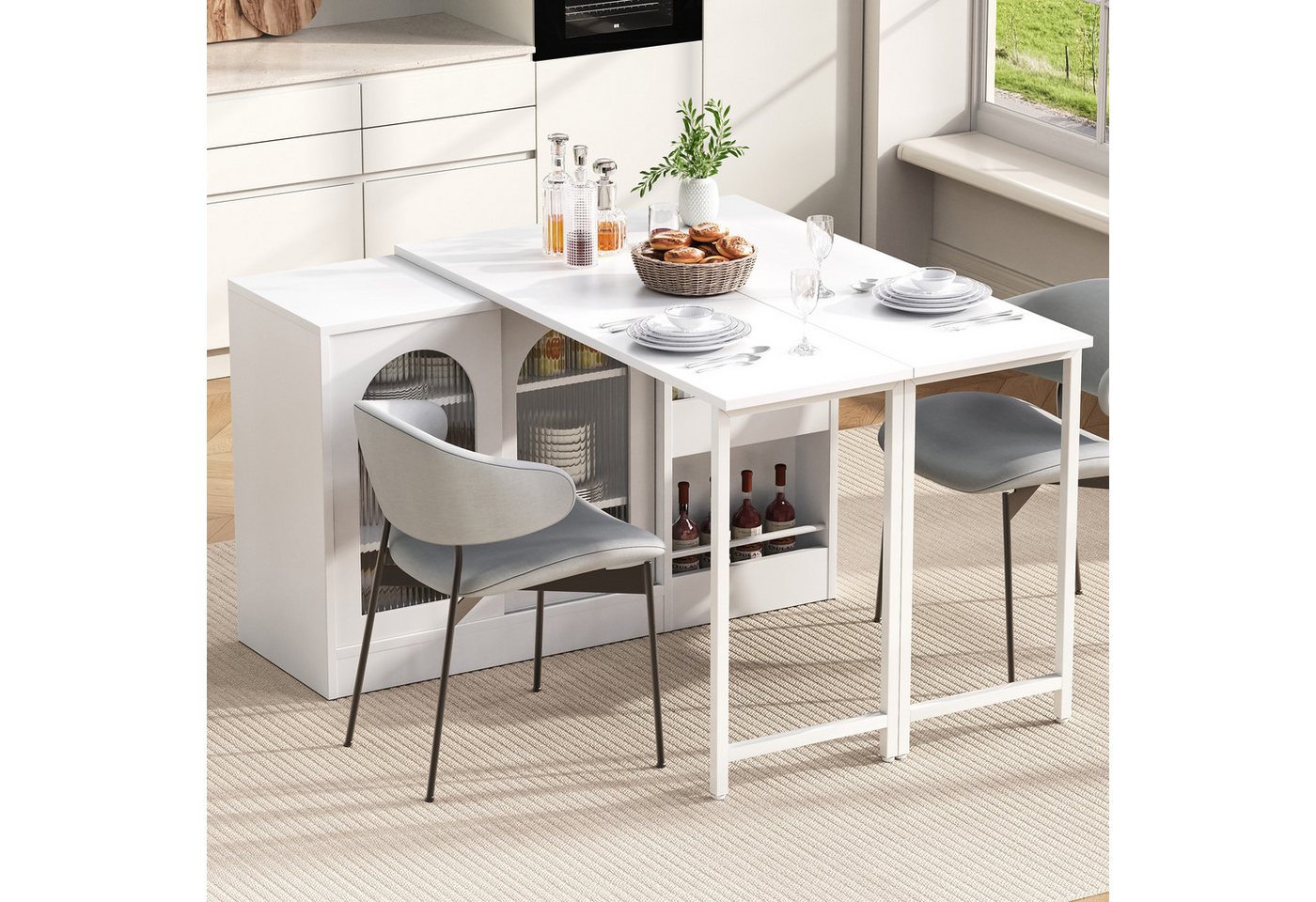 Merax Kücheninsel Esstische Bartisch 360°Drehbar, Ausziehbar Reversibel, Esszimmertisch Sideboard mit Glastür, Lagerregal, Küchentisch Bild 2