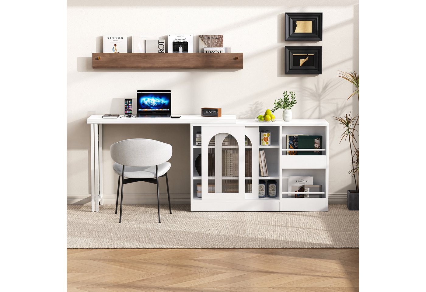 Merax Kücheninsel Esstische Bartisch 360°Drehbar, Ausziehbar Reversibel, Esszimmertisch Sideboard mit Glastür, Lagerregal, Küchentisch Bild 3