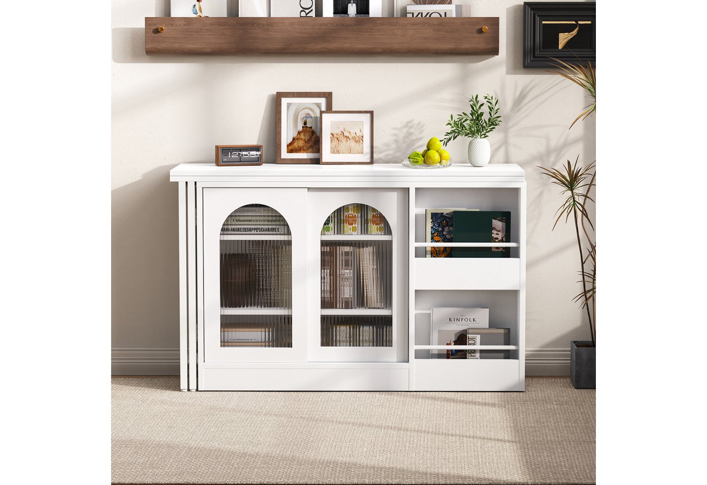 Merax Kücheninsel Esstische Bartisch 360°Drehbar, Ausziehbar Reversibel, Esszimmertisch Sideboard mit Glastür, Lagerregal, Küchentisch Bild 4